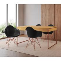 Mesa Jantar Industrial Filadélfia Canela 137x90cm com 4 Poltronas Eames Eiffel Pretas Base Cobre