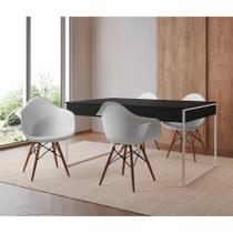 Mesa Jantar Industrial Filadélfia Preta 137x90cm Base Ferro Branco com 4 Poltronas Brancas Eames Eif