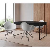 Mesa Jantar Industrial Filadélfia Preta 137x90cm com 4 Poltronas Eames Eiffel Brancas Base Ferro Pre Mesa Jantar Industrial Filadélfia Preta 137x90cm com 4 Poltronas Eames Eiffel Brancas Base Ferro Pre