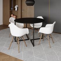Mesa Jantar Industrial Preta 110cm Redonda Base V Ferro Preto com 4 Poltronas Eiffel Brancas Madeira