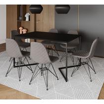 Mesa Jantar Industrial Preta 137x90cm Base V com 6 Cadeiras Estofadas Eames Grafite Aço Preto