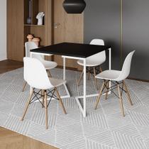 Mesa Jantar Industrial Preta 90x90cm Base V Ferro Branco com 4 Cadeiras Eames Eiffel Madeira Brancas