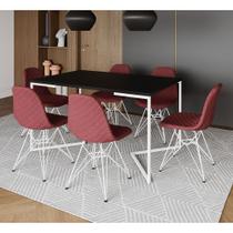 Mesa Jantar Industrial Preta Base V 137x90cm C/ 6 Cadeiras Estofadas Vermelhas Eiffel Aço Branco