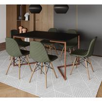 Mesa Jantar Industrial Preta Base V Cobre 137x90cm 6 Cadeiras Estofadas Eames Verdes Madeira