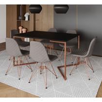 Mesa Jantar Industrial Preta Base V Cobre 137x90cm C/ 6 Cadeiras Estofadas Grafite Eames Cobre