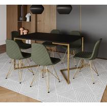 Mesa Jantar Industrial Preta Base V Dourada 137x90cm 6 Cadeiras Estofadas Verdes Dourada
