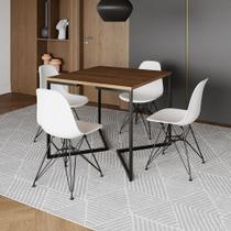 Mesa Jantar Industrial Quadrada 90cm Amêndoa Base V com 4 Cadeiras Eames Eiffel Brancas Ferro Preto