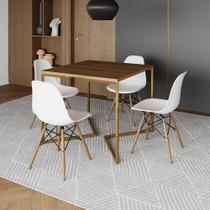 Mesa Jantar Industrial Quadrada 90cm Amêndoa Base V Dourada com 4 Cadeiras Eames Eiffel Madeira Bran