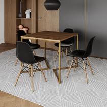 Mesa Jantar Industrial Quadrada 90cm Amêndoa Base V Dourada com 4 Cadeiras Eames Eiffel Madeira Pret