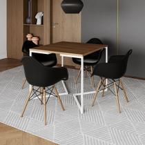 Mesa Jantar Industrial Quadrada 90cm Amêndoa Base V Ferro Branco com 4 Poltronas Eames Eiffel Pretas