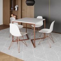 Mesa Jantar Industrial Quadrada 90Cm Branca Base Cobre V Com 4 Cadeiras Brancas Pés Cob Cor: Branco Mesa Jantar Industrial Quadrada 90Cm Branca Base Cobre V Com 4 Cadeiras Brancas Pés Cob Cor: Branco