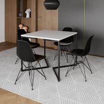 Mesa Jantar Industrial Quadrada 90Cm Branca Base V Com 4 Cadeiras Pretas Ferro Preto Cor: Branco