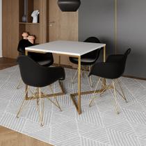 Mesa Jantar Industrial Quadrada 90cm Branca Base V com 4 Poltronas Eames Eiffel Daw Pretas Base Dour Mesa Jantar Industrial Quadrada 90cm Branca Base V com 4 Poltronas Eames Eiffel Daw Pretas Base Dour