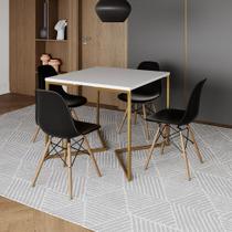 Mesa Jantar Industrial Quadrada 90cm Branca Base V Dourada com 4 Cadeiras Eames Eiffel Madeira Preta