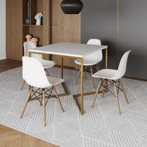 Mesa Jantar Industrial Quadrada 90Cm Branca Base V Dourada Com 4 Cadeiras Madeira Branc Cor: Branco Mesa Jantar Industrial Quadrada 90Cm Branca Base V Dourada Com 4 Cadeiras Madeira Branc Cor: Branco