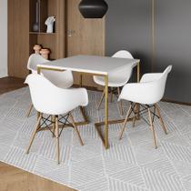 Mesa Jantar Industrial Quadrada 90cm Branca Base V Dourada com 4 Poltronas Eames Eiffel Daw Madeira Mesa Jantar Industrial Quadrada 90cm Branca Base V Dourada com 4 Poltronas Eames Eiffel Daw Madeira