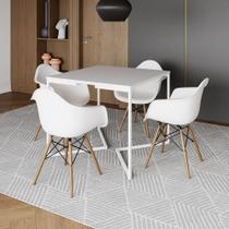 Mesa Jantar Industrial Quadrada 90cm Branca Base V Ferro Branco com 4 Poltronas Eames Eiffel Brancas