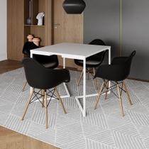 Mesa Jantar Industrial Quadrada 90Cm Branca Base V Ferro Branco Com 4 Poltronas Pretas Cor: Branco