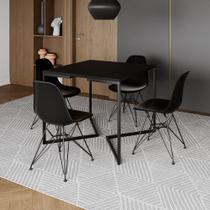 Mesa Jantar Industrial Quadrada 90cm Preta Base V com 4 Cadeiras Eames Eiffel Pretas Ferro Preto