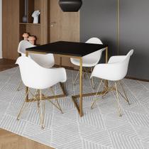Mesa Jantar Industrial Quadrada 90cm Preta Base V com 4 Poltronas Eames Eiffel Daw Brancas Base Dour