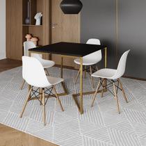 Mesa Jantar Industrial Quadrada 90cm Preta Base V Dourada com 4 Cadeiras Eames Eiffel Madeira Branca