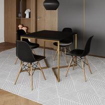 Mesa Jantar Industrial Quadrada 90cm Preta Base V Dourada com 4 Cadeiras Eames Eiffel Madeira Pretas