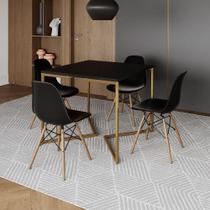 Mesa Jantar Industrial Quadrada 90Cm Preta Base V Dourada Com 4 Cadeiras Madeira Pretas Cor: Preto Mesa Jantar Industrial Quadrada 90Cm Preta Base V Dourada Com 4 Cadeiras Madeira Pretas Cor: Preto