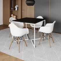 Mesa Jantar Industrial Quadrada 90Cm Preta Base V Ferro Branco Com 4 Poltronas Brancas Cor: Preto
