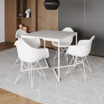 Mesa Jantar Industrial Quadrada Branca 90cm Base V com 4 Poltronas Brancas Eames Eiffel Ferro Branco
