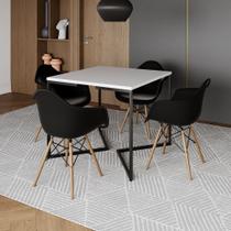 Mesa Jantar Industrial Quadrada Branca 90cm Base V Ferro Preto com 4 Poltronas Eames Eiffel Pretas M