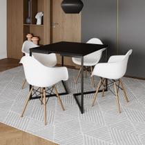 Mesa Jantar Industrial Quadrada Preta 90cm Base V Ferro Preto com 4 Poltronas Eames Eiffel Brancas M