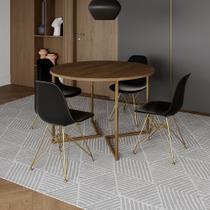 Mesa Jantar Industrial Redonda 110cm Amêndoa Base V Dourada com 4 Cadeiras Eames Eiffel Pretas Base Mesa Jantar Industrial Redonda 110cm Amêndoa Base V Dourada com 4 Cadeiras Eames Eiffel Pretas Base