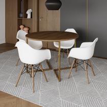 Mesa Jantar Industrial Redonda 110cm Amêndoa Base V Dourada com 4 Poltronas Eames Eiffel Daw Madeira Mesa Jantar Industrial Redonda 110cm Amêndoa Base V Dourada com 4 Poltronas Eames Eiffel Daw Madeira