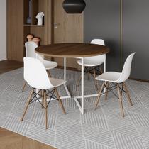 Mesa Jantar Industrial Redonda 110cm Amêndoa Base V Ferro Branco com 4 Cadeiras Eames Branca Base Ma