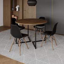 Mesa Jantar Industrial Redonda 110cm Amêndoa Base V Ferro Preto com 4 Cadeiras Eames Preta Base Made