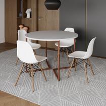 Mesa Jantar Industrial Redonda 110cm Branca Base V Cobre com 4 Cadeiras Eames Branca Base Madeira