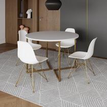 Mesa Jantar Industrial Redonda 110Cm Branca Base V Dourada Com 4 Cadeiras Brancas Base Cor: Branco Mesa Jantar Industrial Redonda 110Cm Branca Base V Dourada Com 4 Cadeiras Brancas Base Cor: Branco