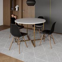 Mesa Jantar Industrial Redonda 110Cm Branca Base V Dourada Com 4 Cadeiras Madeira Preta Cor: Branco Mesa Jantar Industrial Redonda 110Cm Branca Base V Dourada Com 4 Cadeiras Madeira Preta Cor: Branco