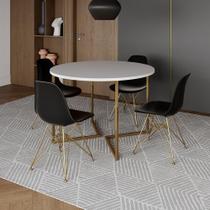 Mesa Jantar Industrial Redonda 110Cm Branca Base V Dourada Com 4 Cadeiras Pretas Base D Cor: Branco Mesa Jantar Industrial Redonda 110Cm Branca Base V Dourada Com 4 Cadeiras Pretas Base D Cor: Branco