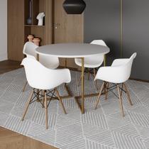 Mesa Jantar Industrial Redonda 110cm Branca Base V Dourada com 4 Poltronas Eames Eiffel Daw Madeira