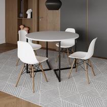 Mesa Jantar Industrial Redonda 110Cm Branca Base V Ferro Preto C/4 Cadeiras Branca Base Made Branco Mesa Jantar Industrial Redonda 110Cm Branca Base V Ferro Preto C/4 Cadeiras Branca Base Made Branco