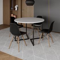 Mesa Jantar Industrial Redonda 110cm Branca Base V Ferro Preto com 4 Cadeiras Eames Preta Base Madei
