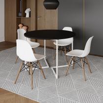Mesa Jantar Industrial Redonda 110cm Preta Base V Ferro Branco com 4 Cadeiras Eames Branca Base Made Mesa Jantar Industrial Redonda 110cm Preta Base V Ferro Branco com 4 Cadeiras Eames Branca Base Made