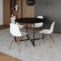 Mesa Jantar Industrial Redonda 110cm Preta Base V Ferro Preto com 4 Cadeiras Eames Branca Base Madei Mesa Jantar Industrial Redonda 110cm Preta Base V Ferro Preto com 4 Cadeiras Eames Branca Base Madei