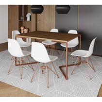 Mesa Jantar Industrial Retangular 137x90cm Amêndoa Base V com 6 Cadeiras Eames Eiffel Brancas Base C