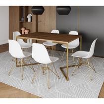 Mesa Jantar Industrial Retangular 137x90cm Amêndoa Base V com 6 Cadeiras Eames Eiffel Brancas Base D