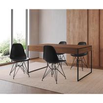 Mesa Jantar Industrial Retangular 137X90Cm Amêndoa Com 4 Cadeiras Pretas Base Ferro Cor: Amendoa