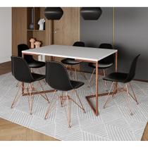 Mesa Jantar Industrial Retangular 137x90cm Branca Base V com 6 Cadeiras Eames Eiffel Pretas Base Cob