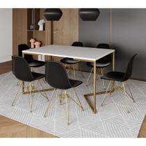 Mesa Jantar Industrial Retangular 137x90cm Branca Base V com 6 Cadeiras Eames Eiffel Pretas Base Dou