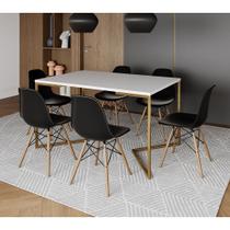 Mesa Jantar Industrial Retangular 137x90cm Branca Base V Dourada com 6 Cadeiras Eames Eiffel Madeira